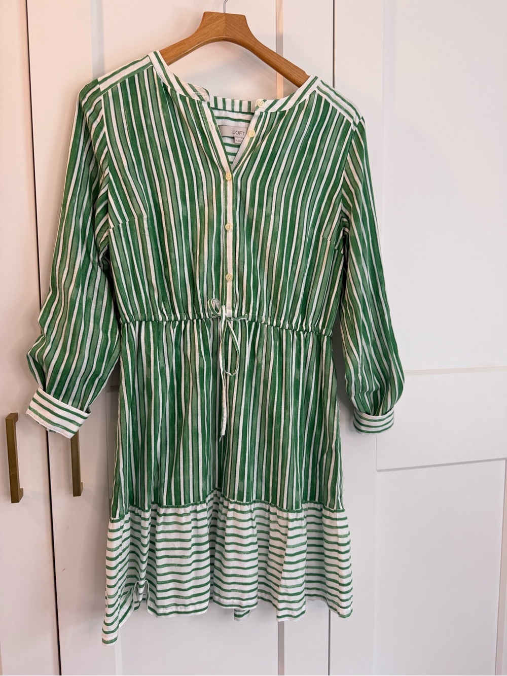 LOFT Green and White Striped Woman’s Drawstring-Waist Dress Never Worn!